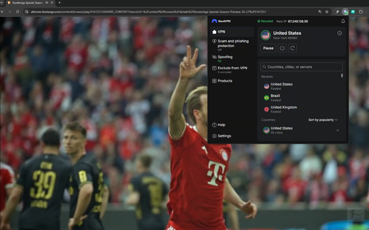 Bereitgestellter Screenshot: Fandango-Videowiedergabe mit US-Verbindung in NordVPN. Die sichtbare Adresse gehört zu einem Saisonvorschau-Video.