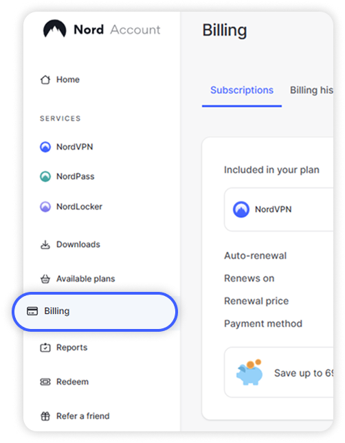 NordVPN-Hilfebild: Über „Billing“ gelangst du zu den Abonnements.